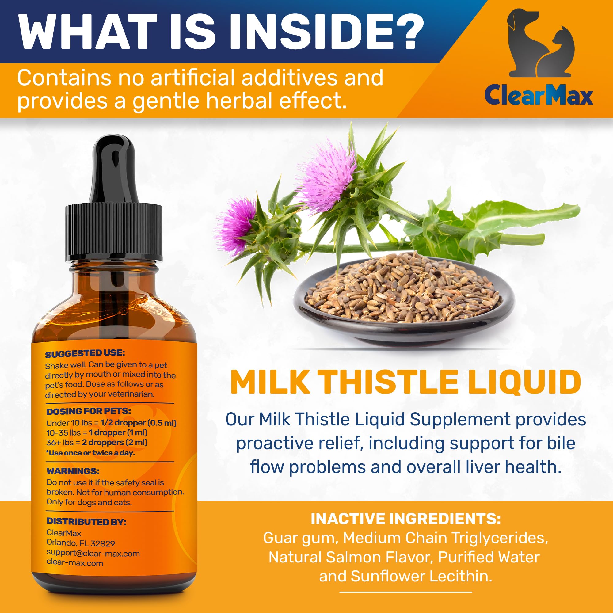 Clear Max Milk Thistle cat bottle highlights digestion support for cats