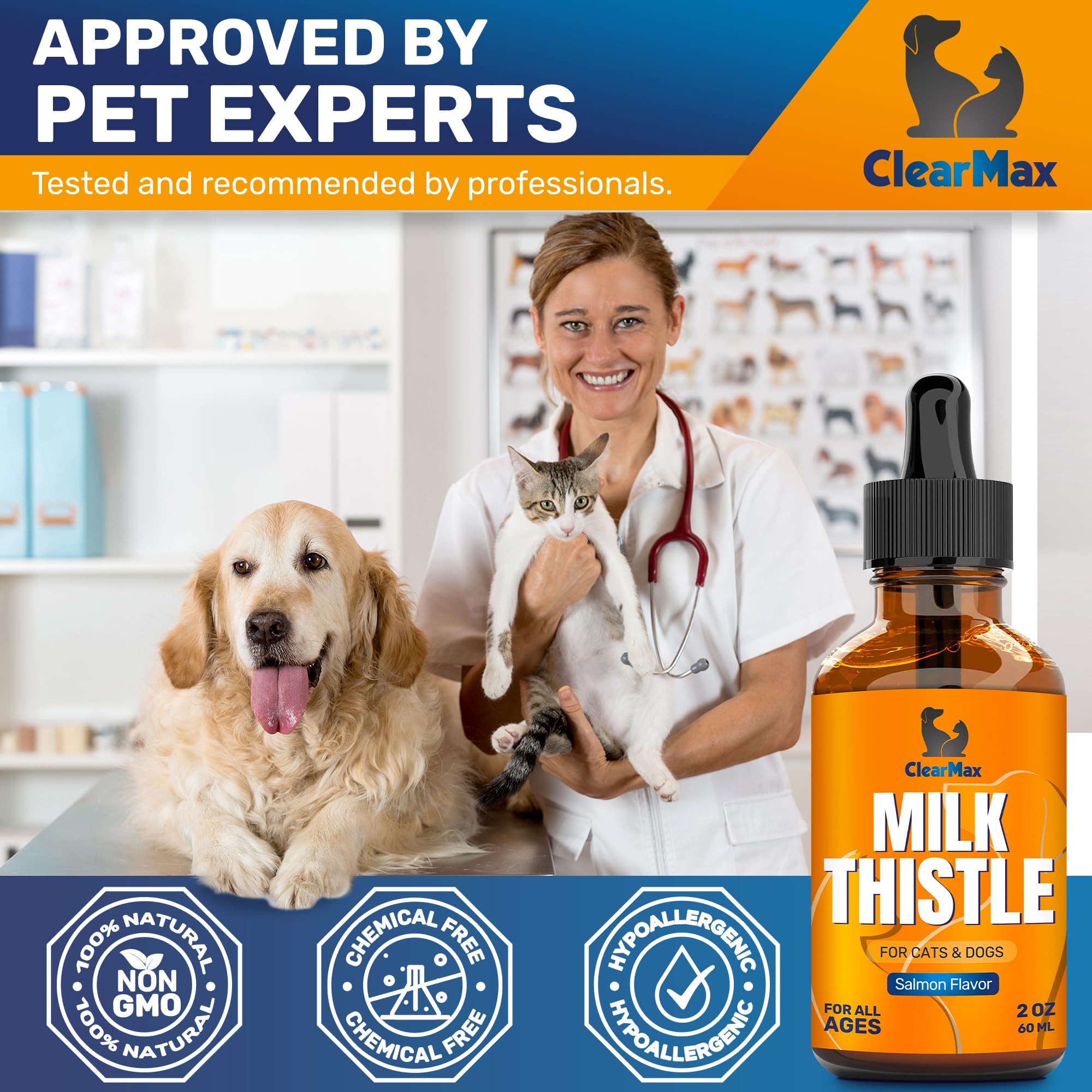 Clear Max veterinarian-approved seal indicating safety for pets