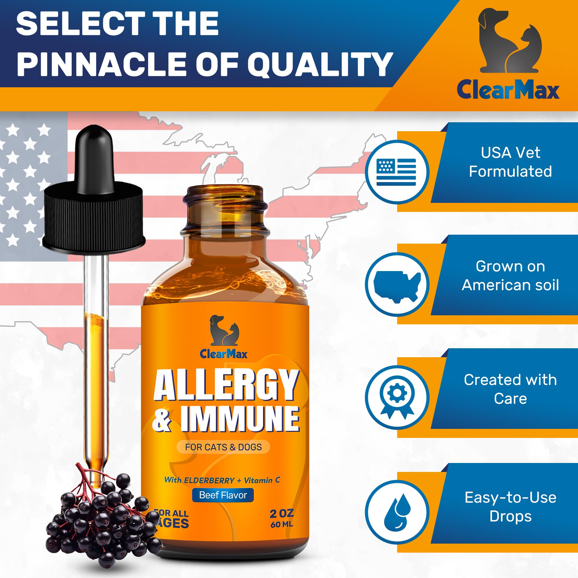 Clear Max vitamin C drops showcase antioxidant support for pets' immune health.
