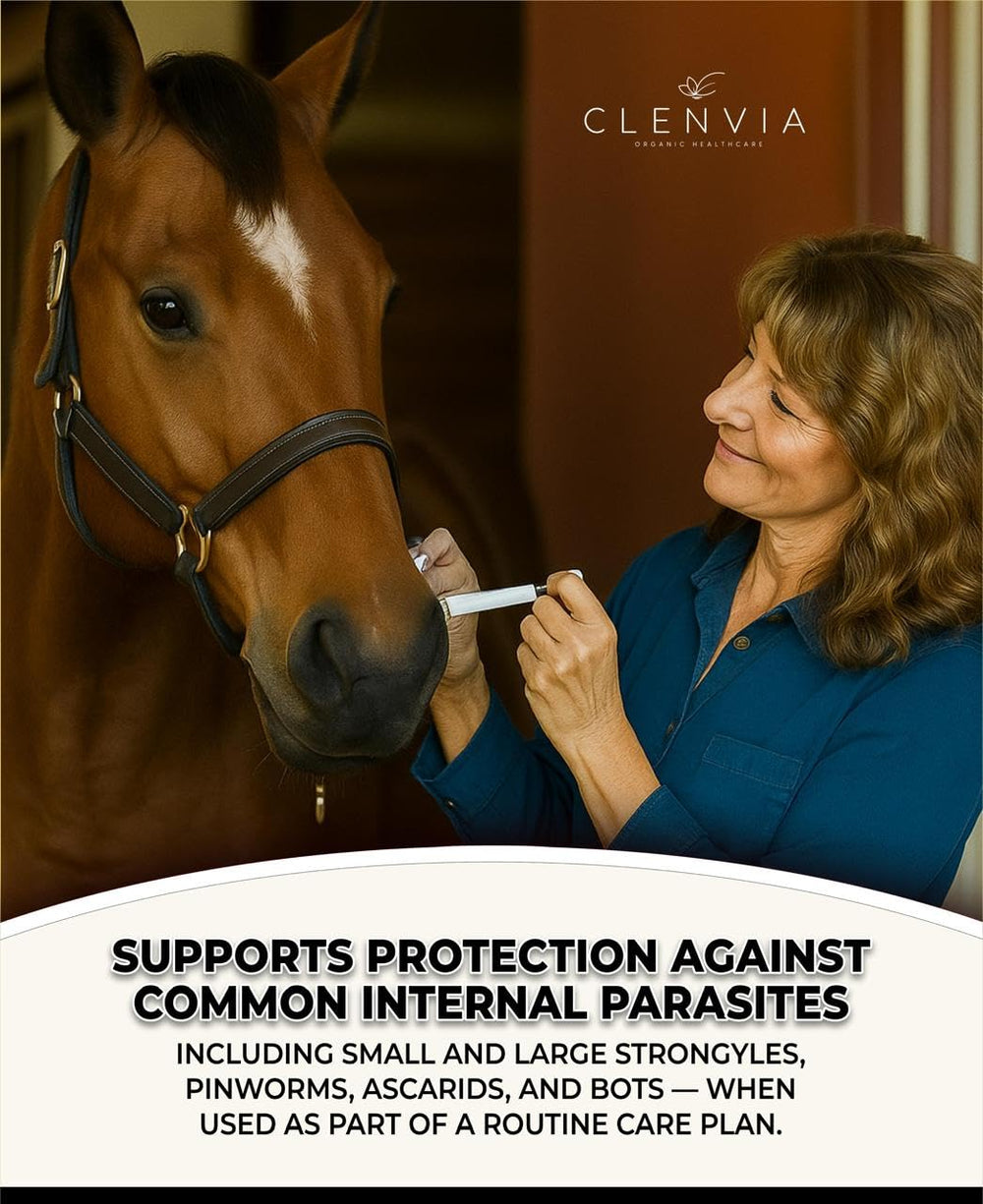 Apple-flavored CLENVIA gel shown for easier oral administration in horses.