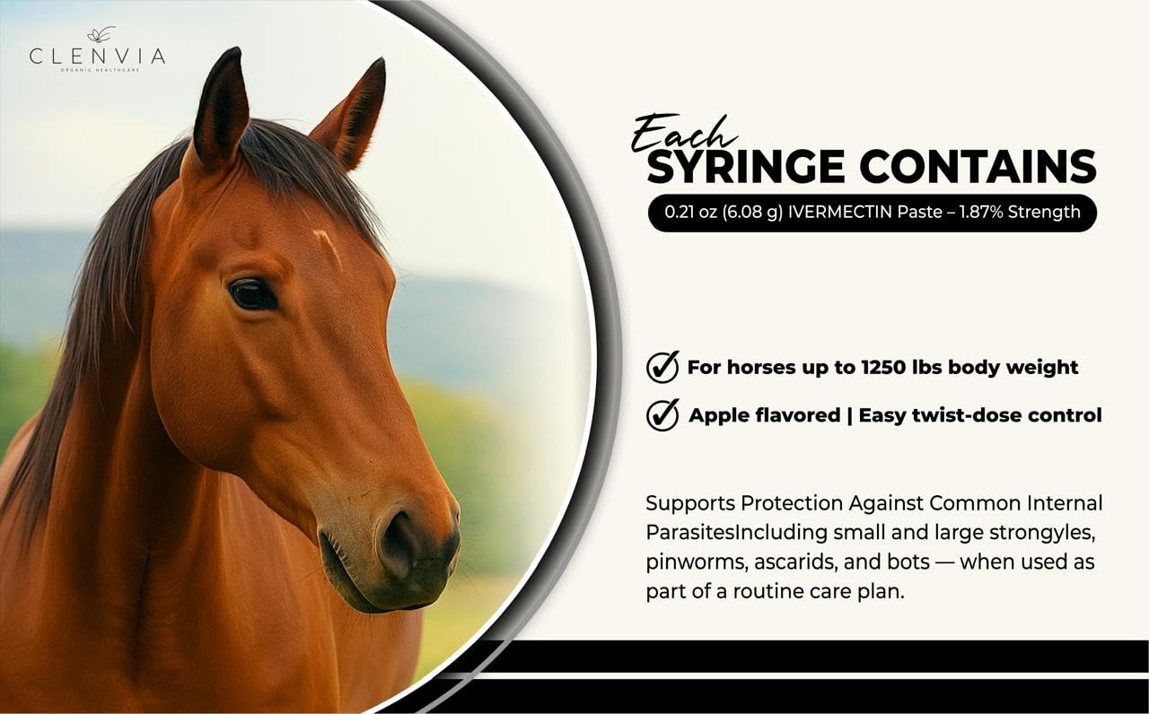 Calibrated CLENVIA syringe with weight increments for precise horse dosing.