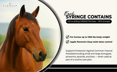 Calibrated CLENVIA syringe with weight increments for precise horse dosing.