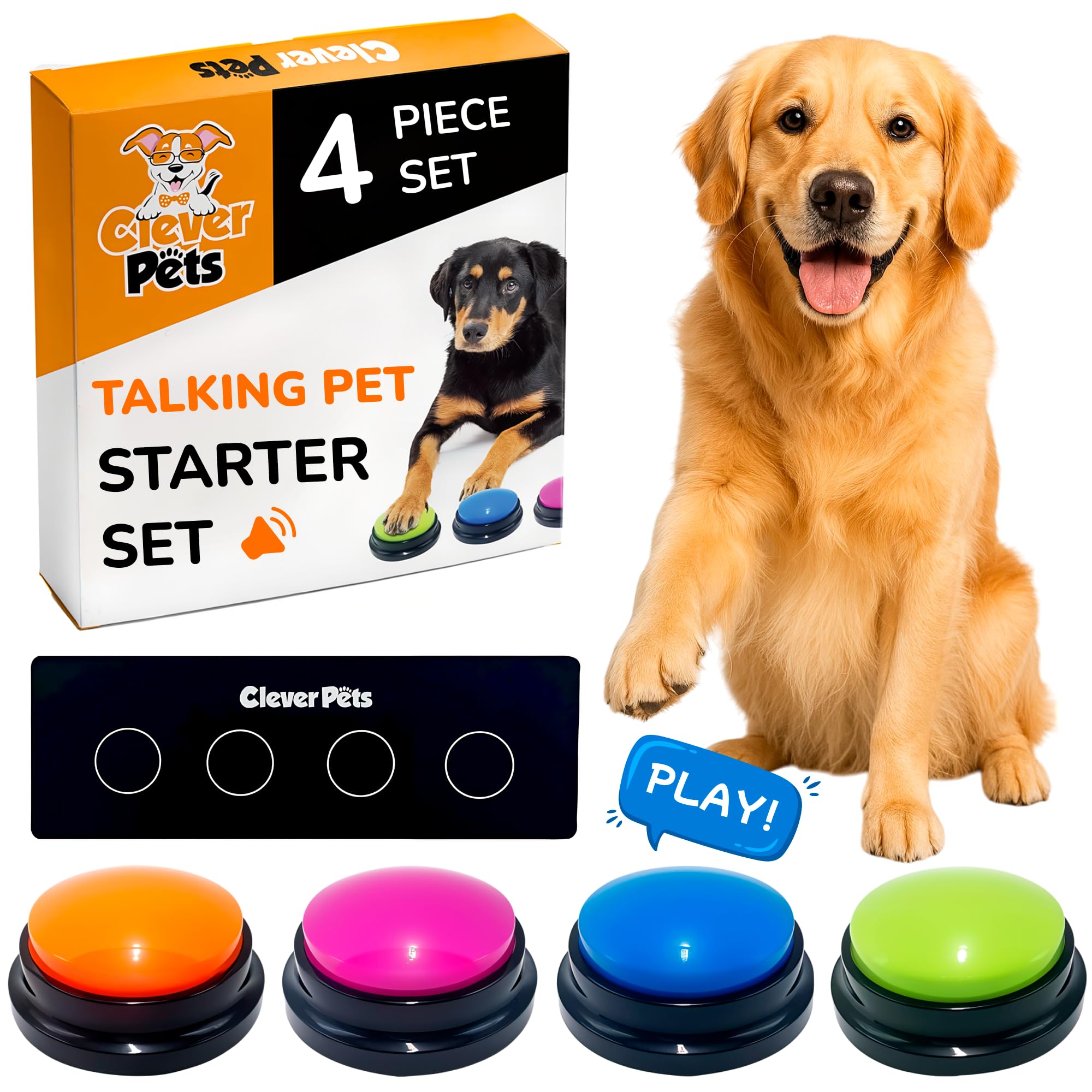 Clever Pets dog buttons 4-pack setup shows beginners how to start communication.