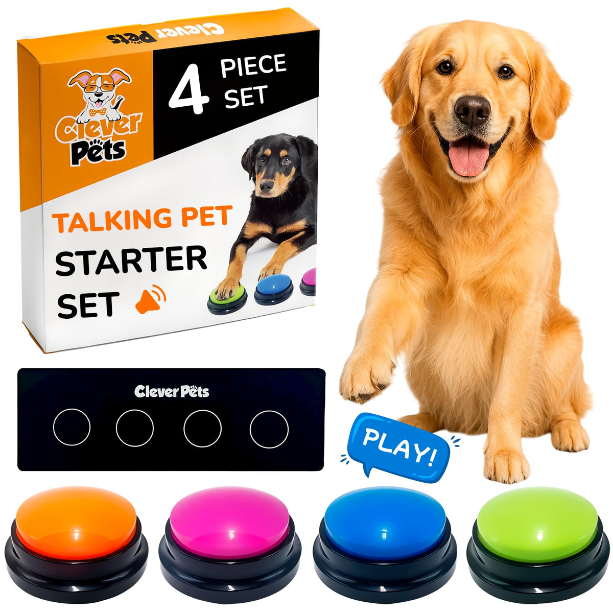 Clever Pets dog buttons 4-pack setup shows beginners how to start communication.