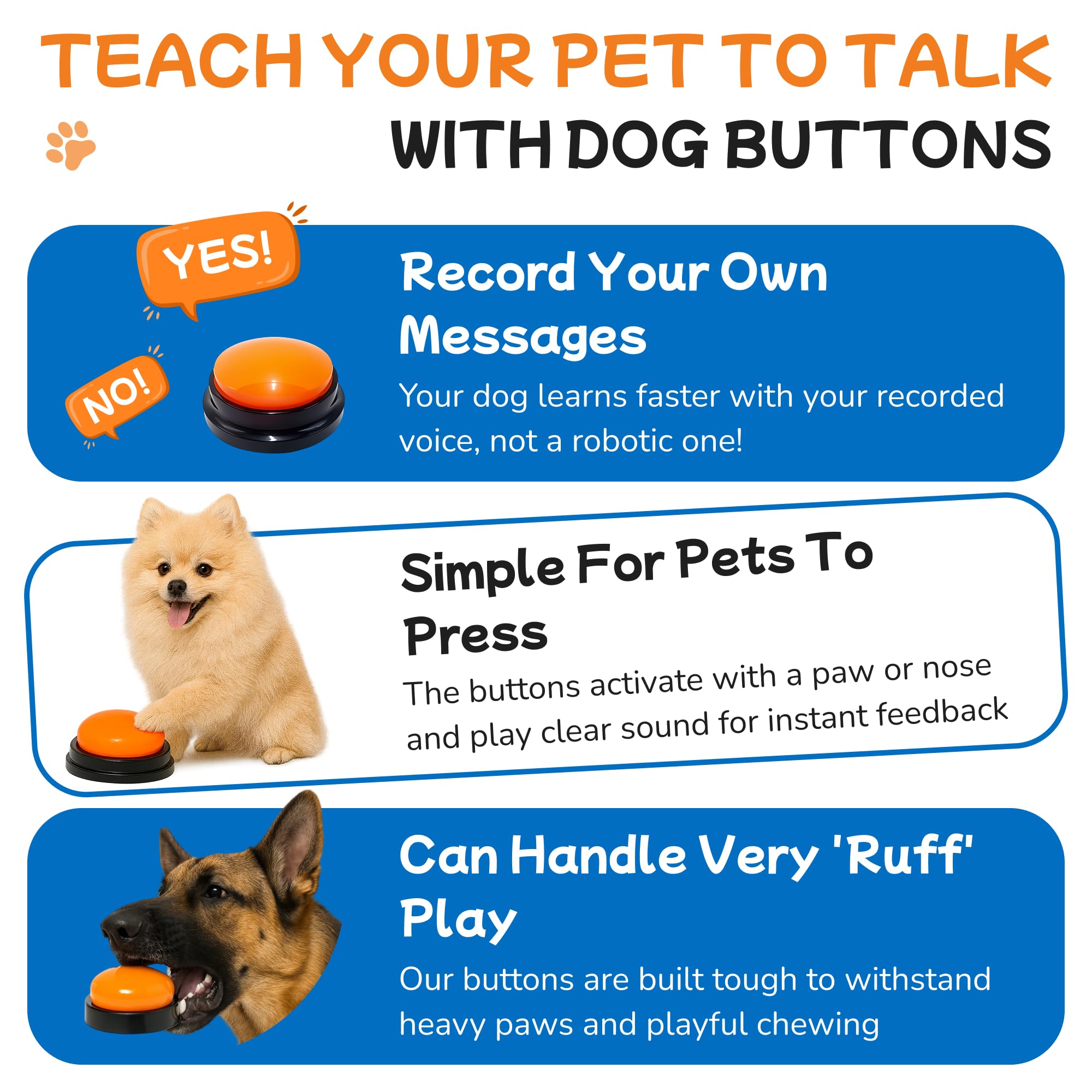 Clever Pets dog buttons durable build withstands playful, weighty dogs during training.