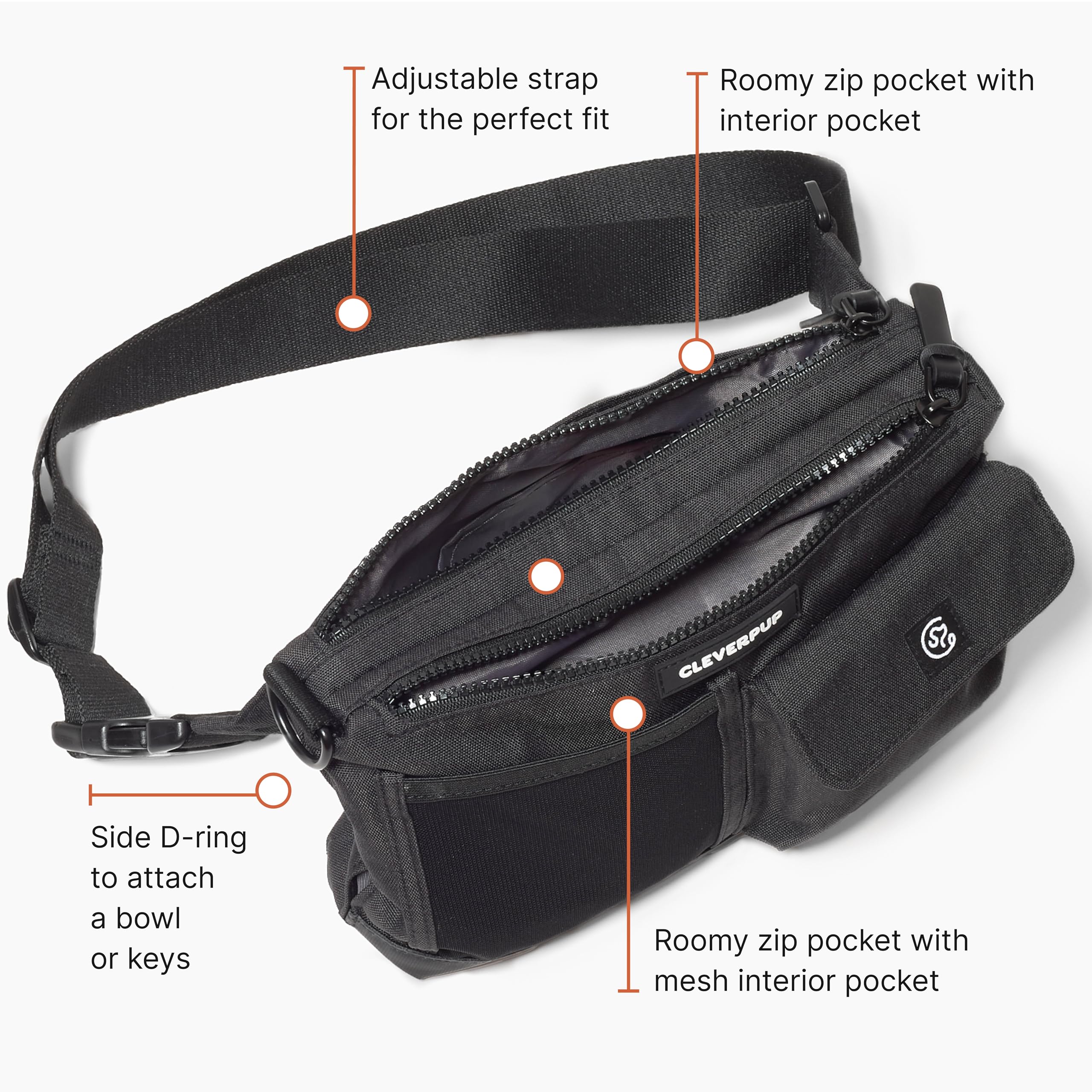 Cleverpup adjustable straps worn as crossbody or belt bag