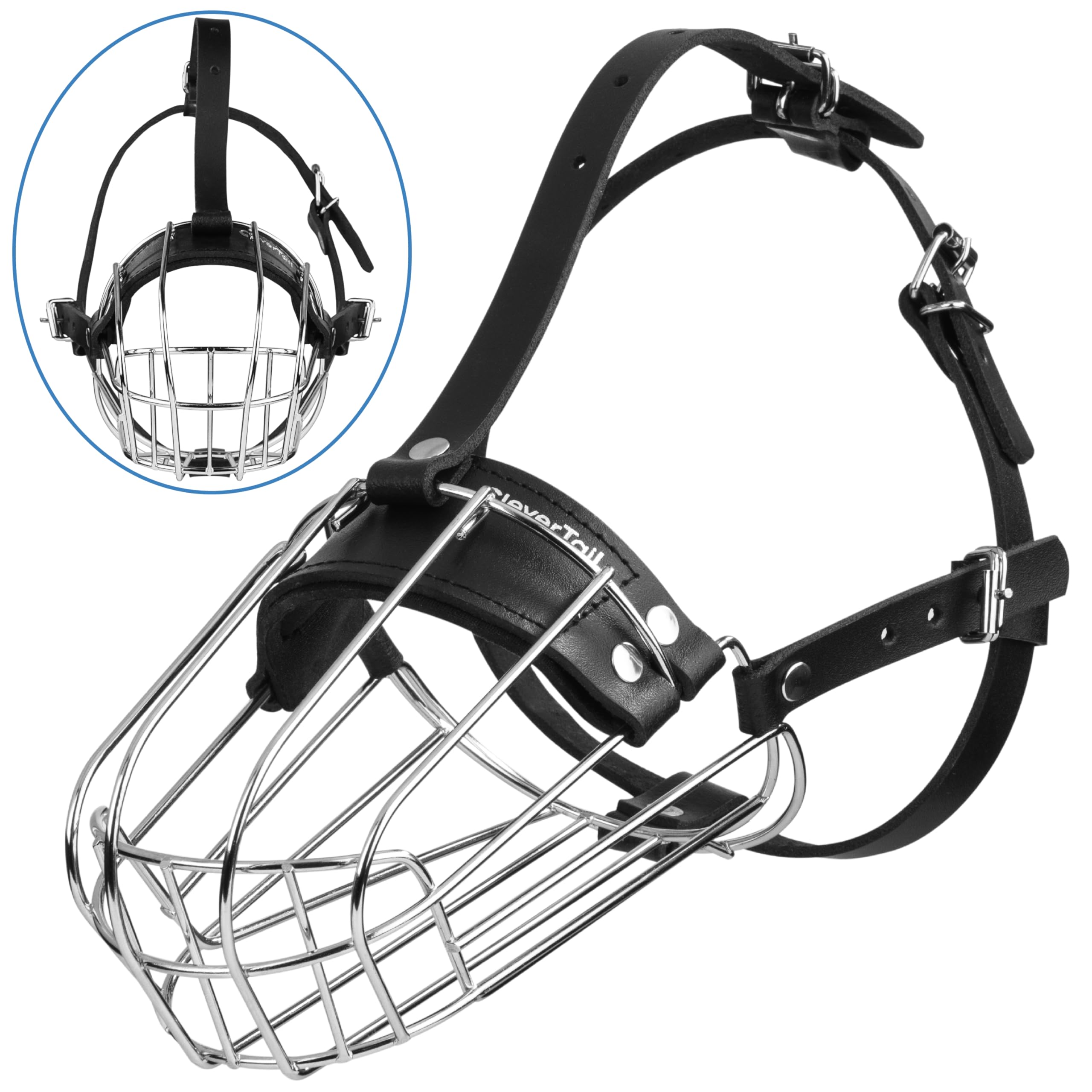 CleverTail leather and steel muzzle close-up shows premium materials and sturdy construction