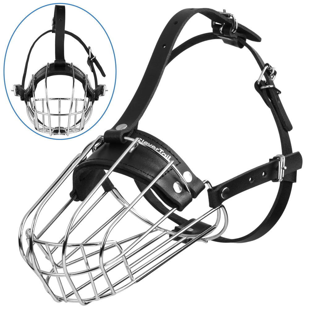CleverTail leather and steel muzzle close-up shows premium materials and sturdy construction