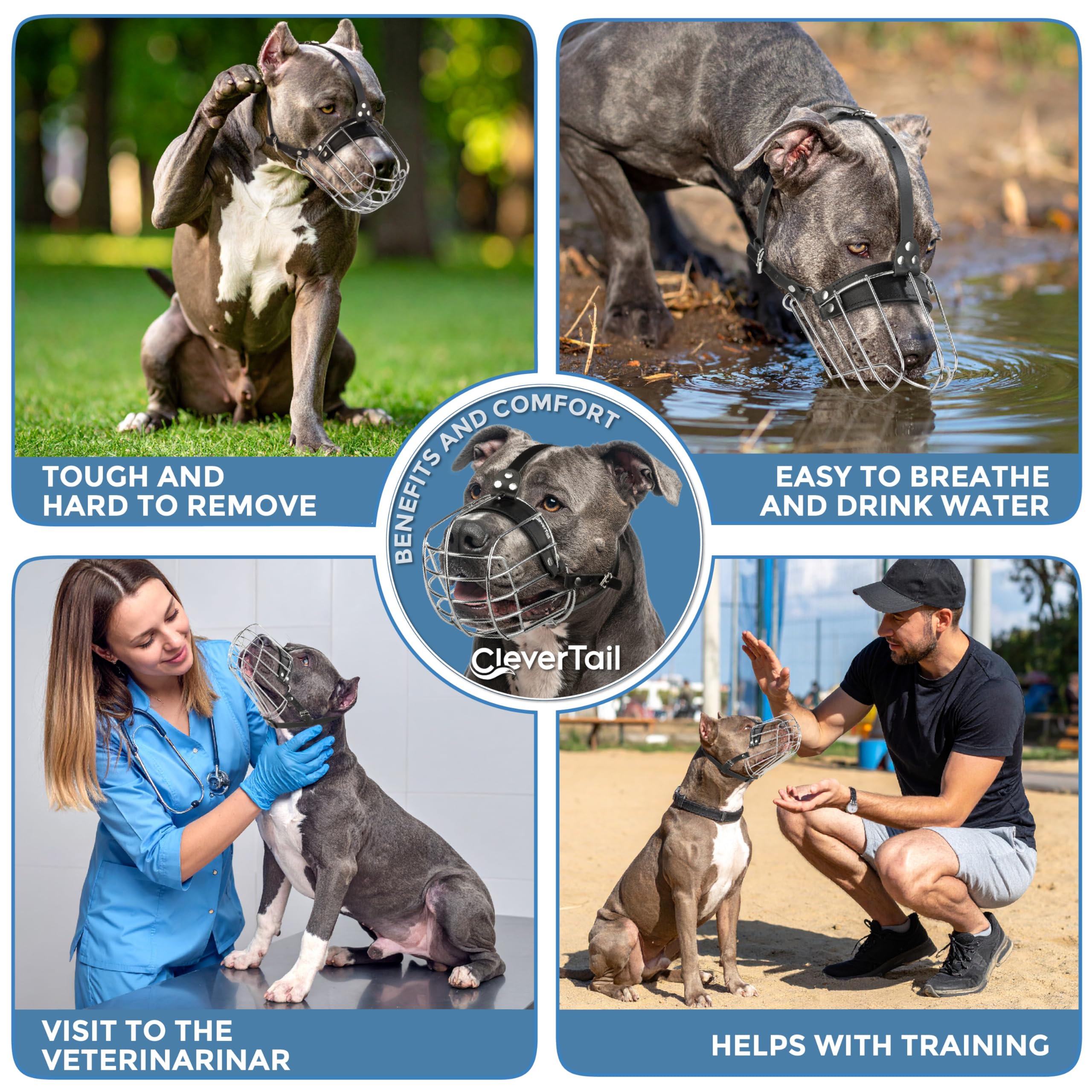 CleverTail Pitbull Muzzle breathing-fit image shows panting and drinking through design.