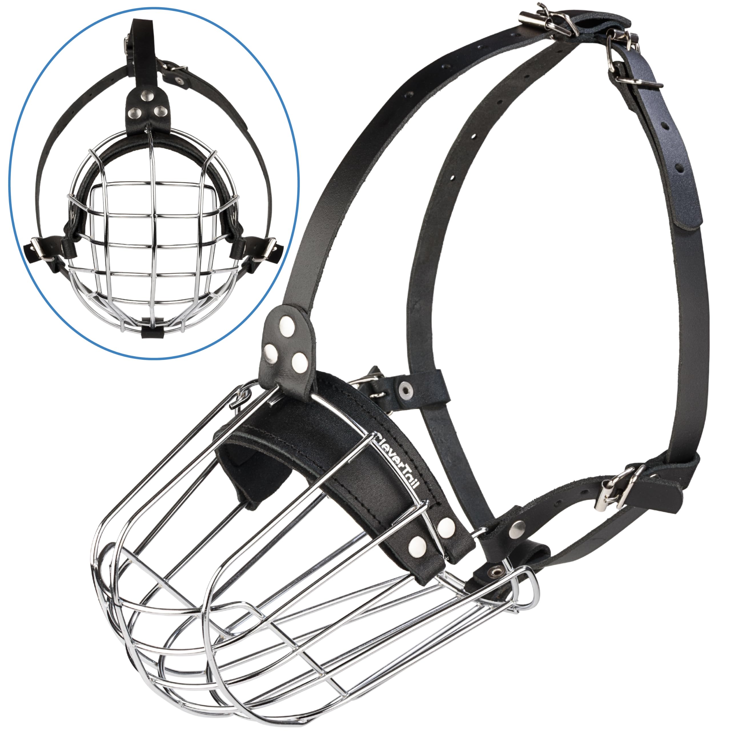 CleverTail Pitbull Muzzle front view highlighting adjustable leather straps for snug fit.