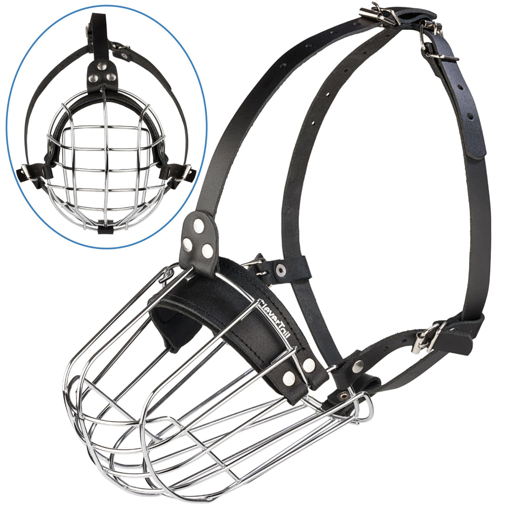 CleverTail Pitbull Muzzle front view highlighting adjustable leather straps for snug fit.