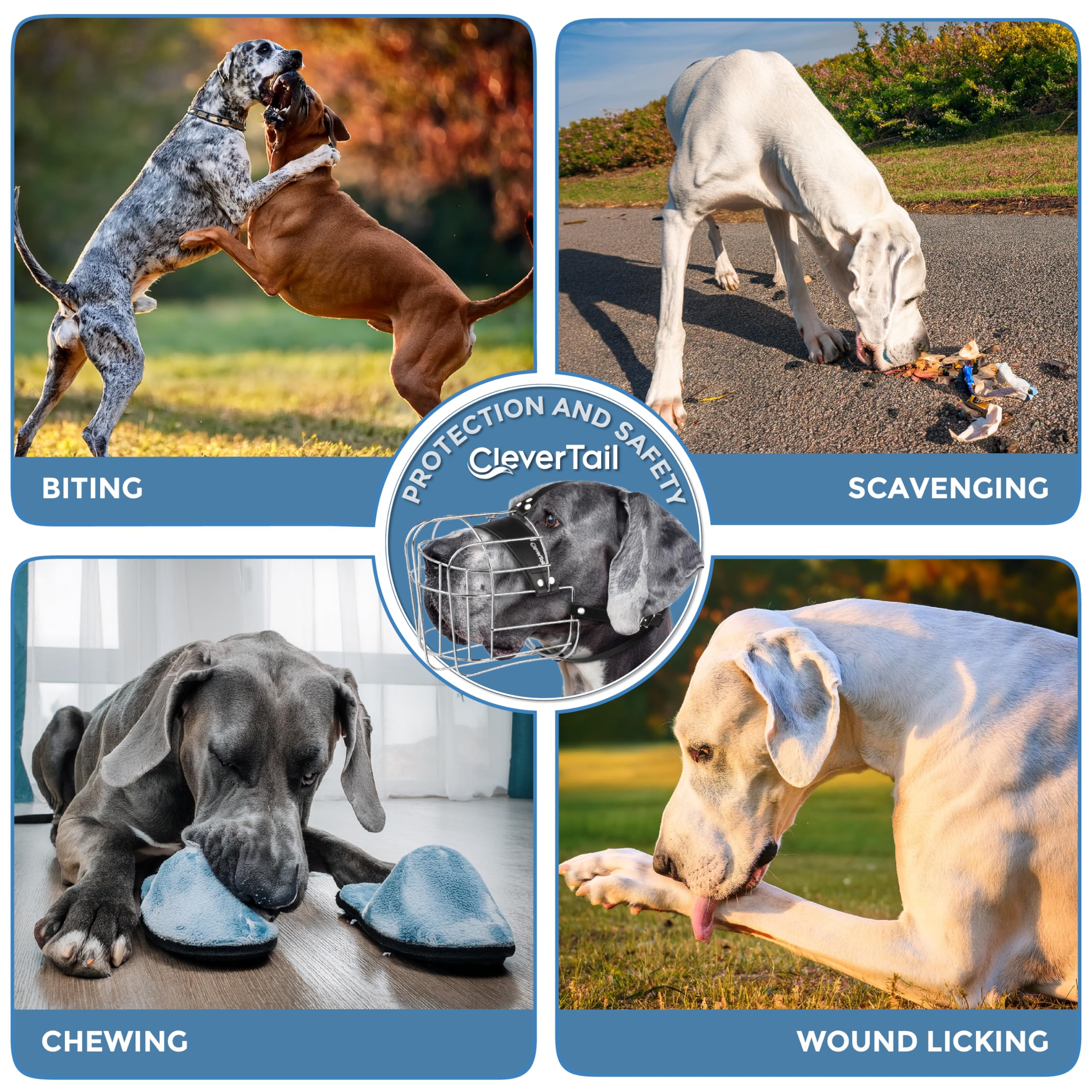 CleverTail XL breed fit image shows compatibility with Great Dane and Rottweiler.