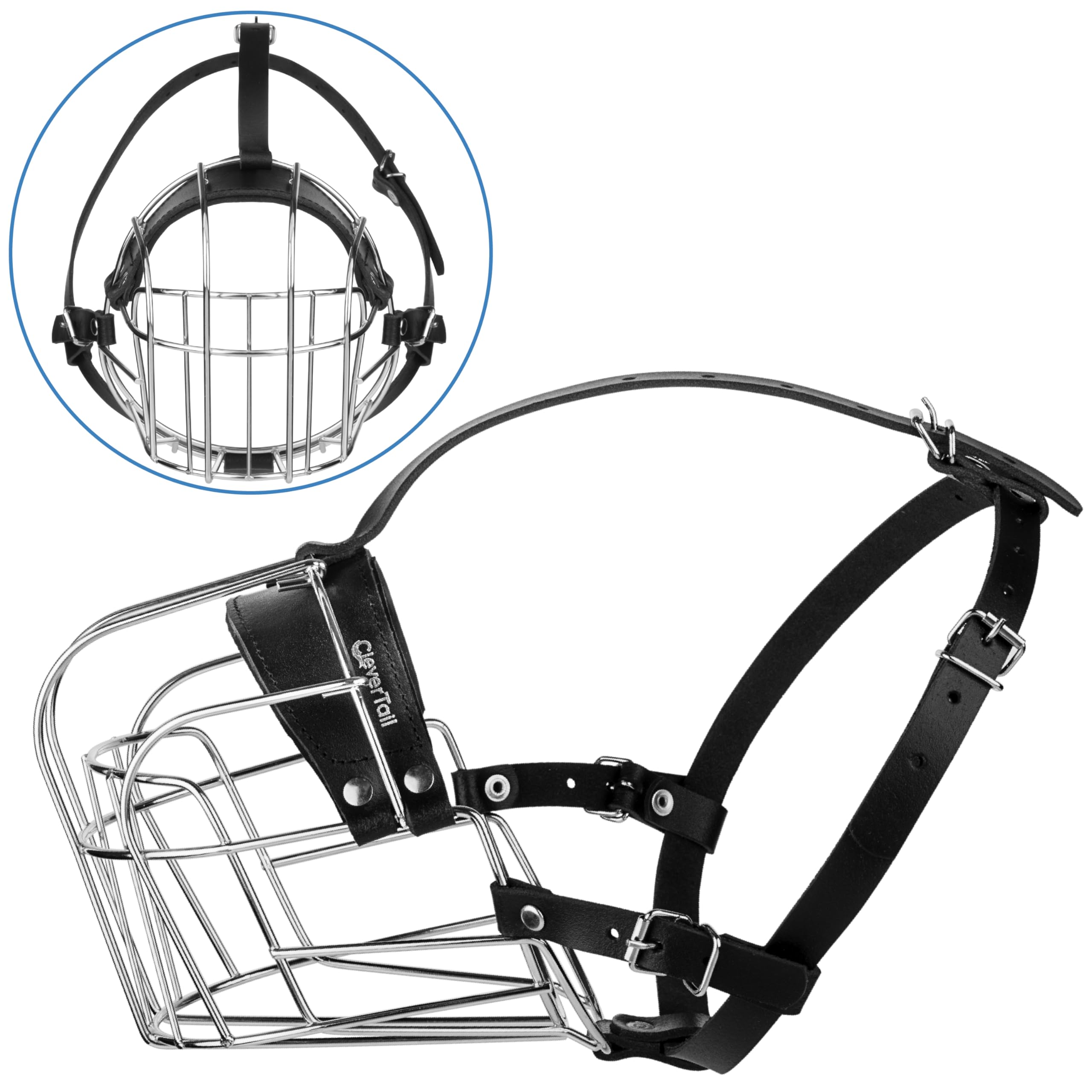 CleverTail XL metal dog muzzle adjustable-leather-straps highlighting secure fit and easy tightening.