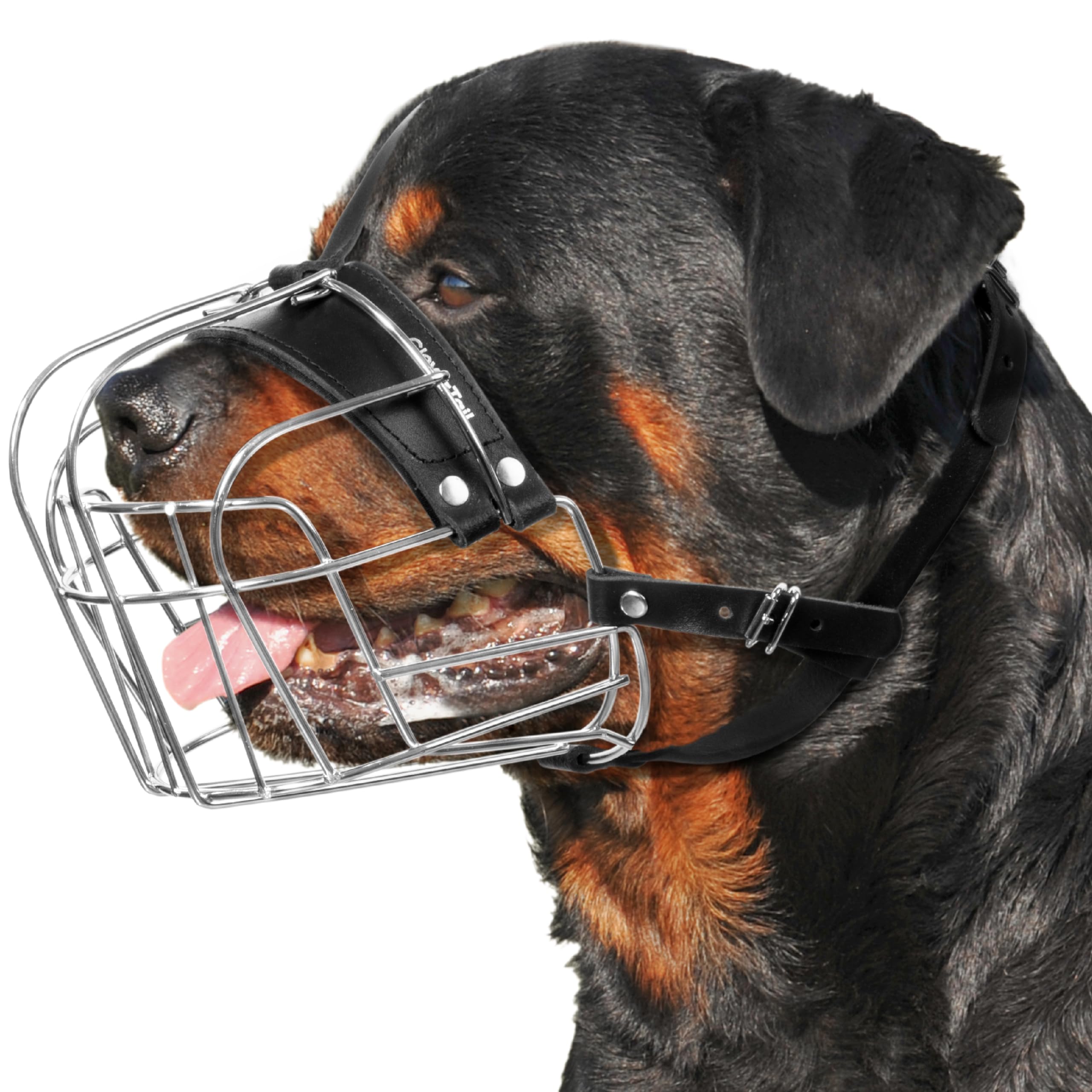 CleverTail XL metal dog muzzle close-up shows sturdy steel and leather for secure, comfortable use.