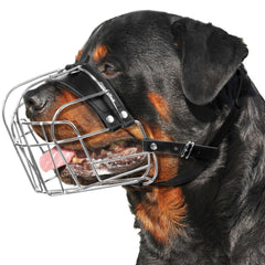 CleverTail XL metal dog muzzle close-up shows sturdy steel and leather for secure, comfortable use.