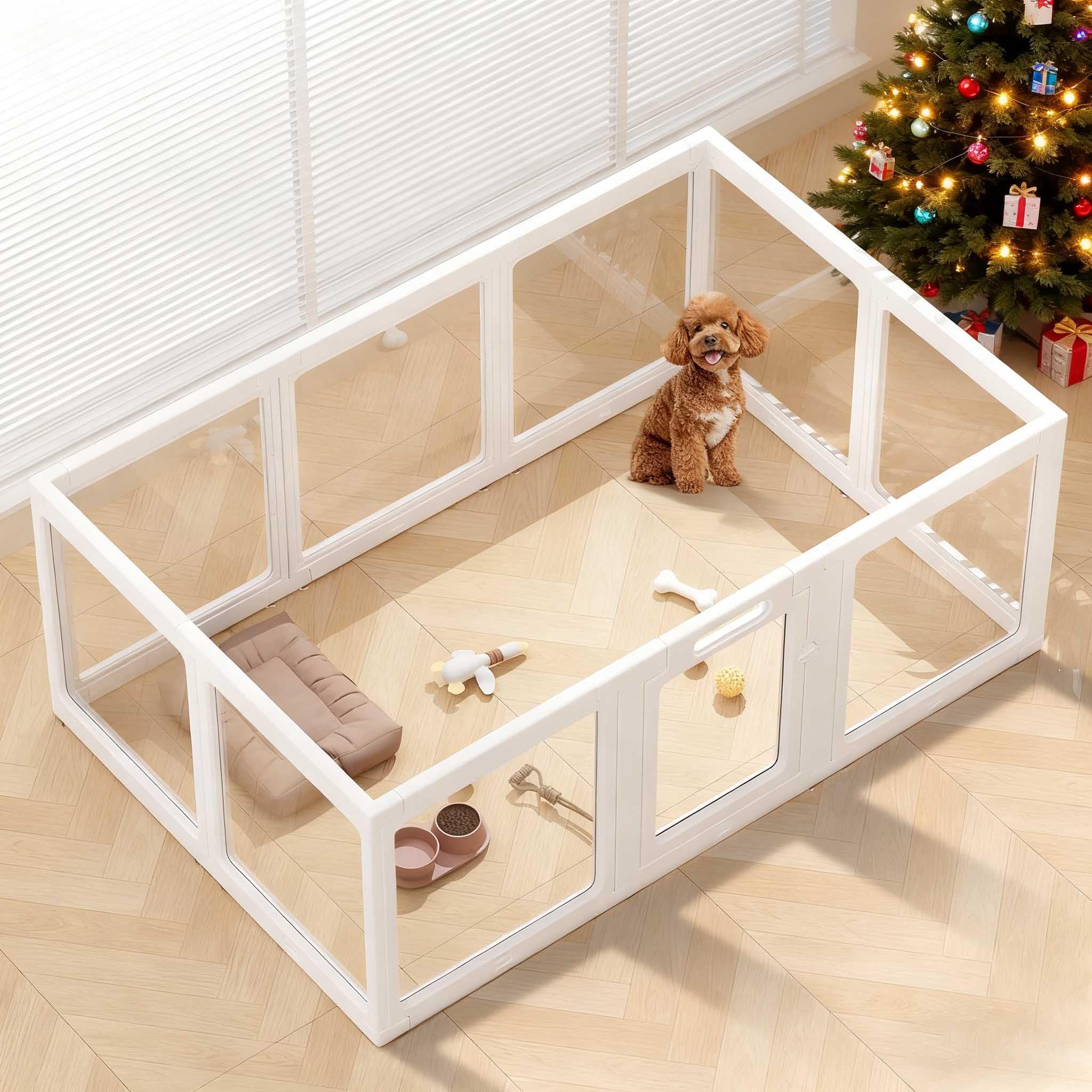 ClimbHope clear acrylic dog playpen 10-panel setup provides bright open space for pets.