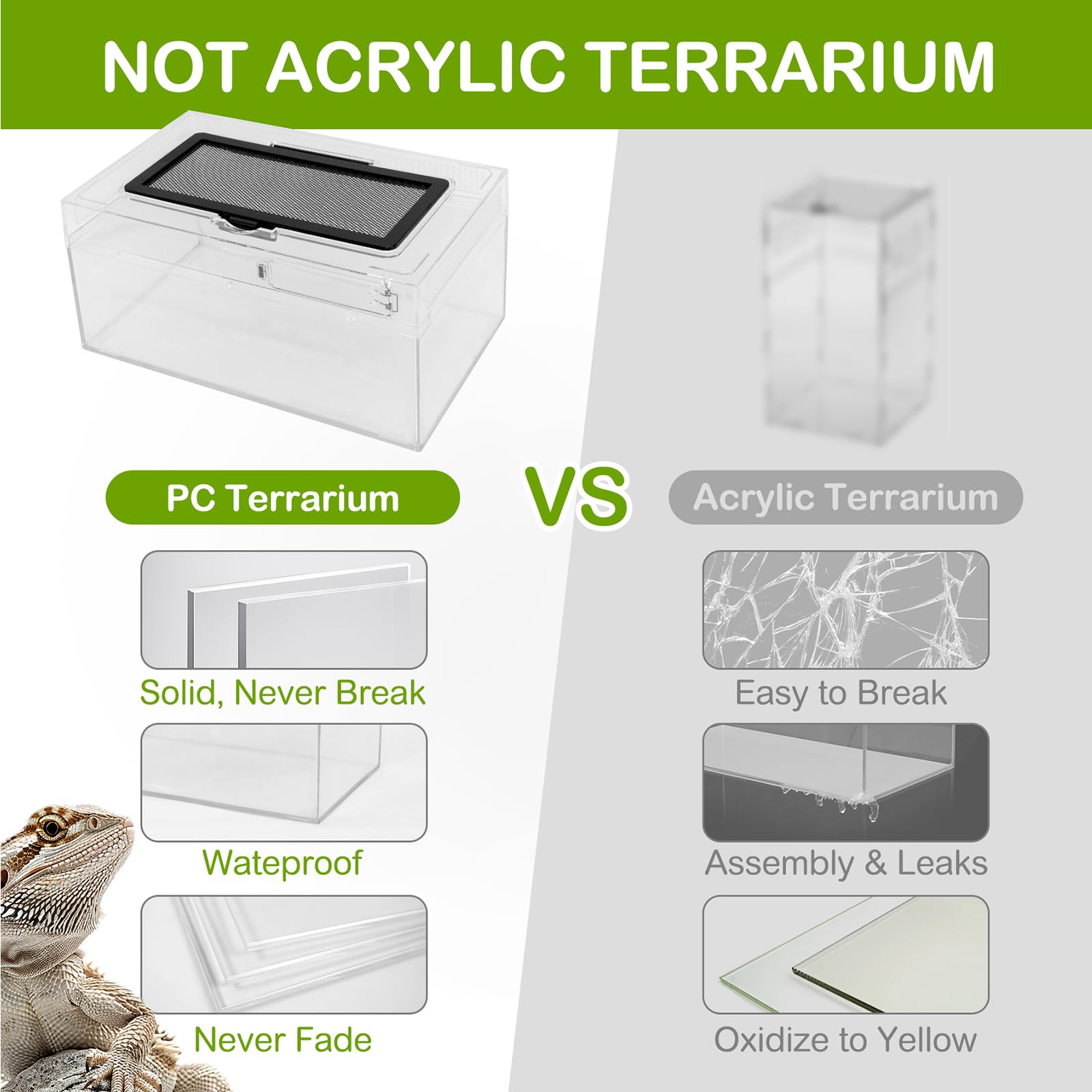 Clioran Reptile PC Terrarium waterproof bottom supports versatile desert or rainforest setups.