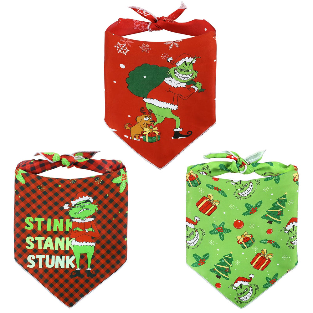 CLMGGRX Christmas bandanas 3-pack on display showcasing festive holiday patterns for pets