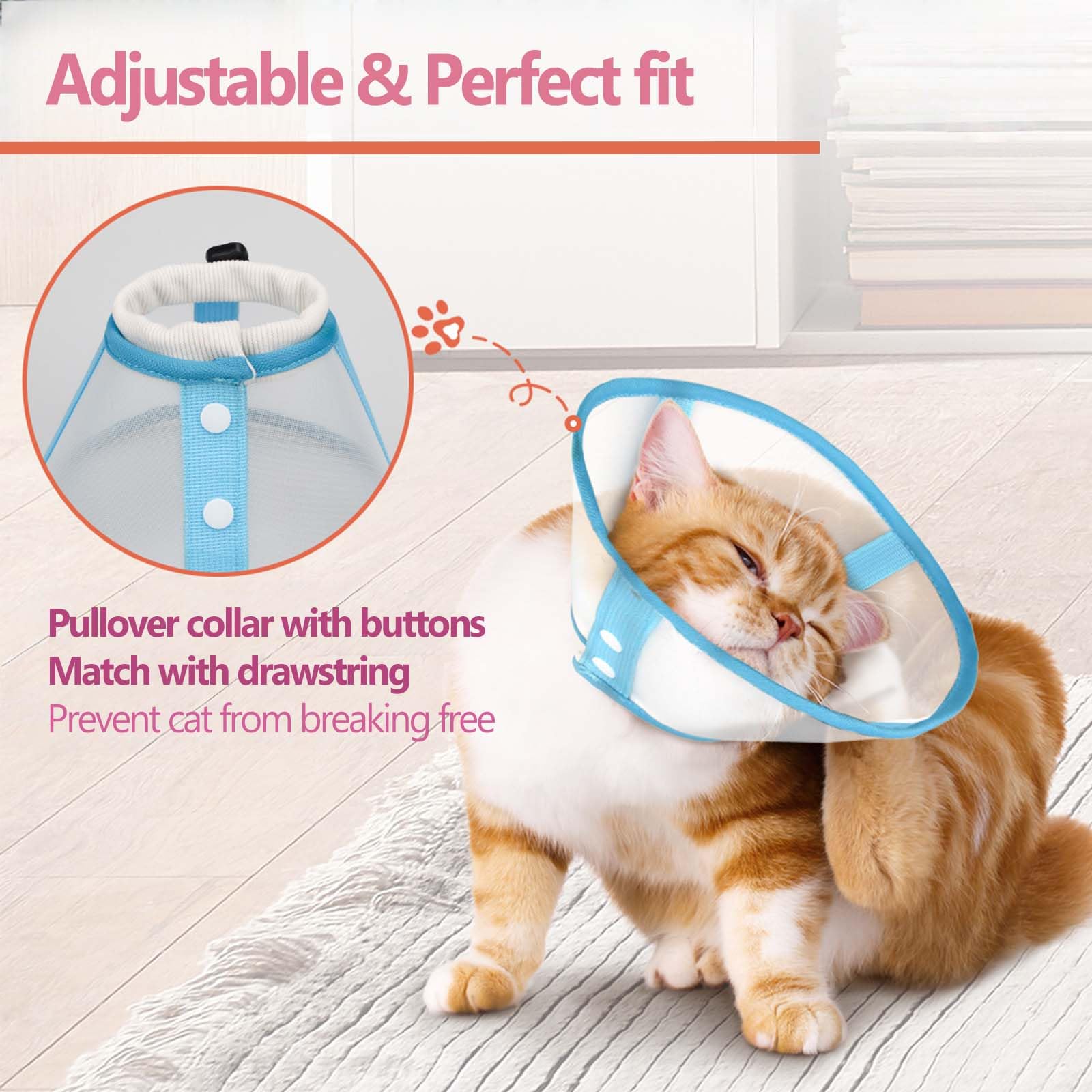 Clorvint blue mesh cone collar side view shows adjustable strap for secure fit