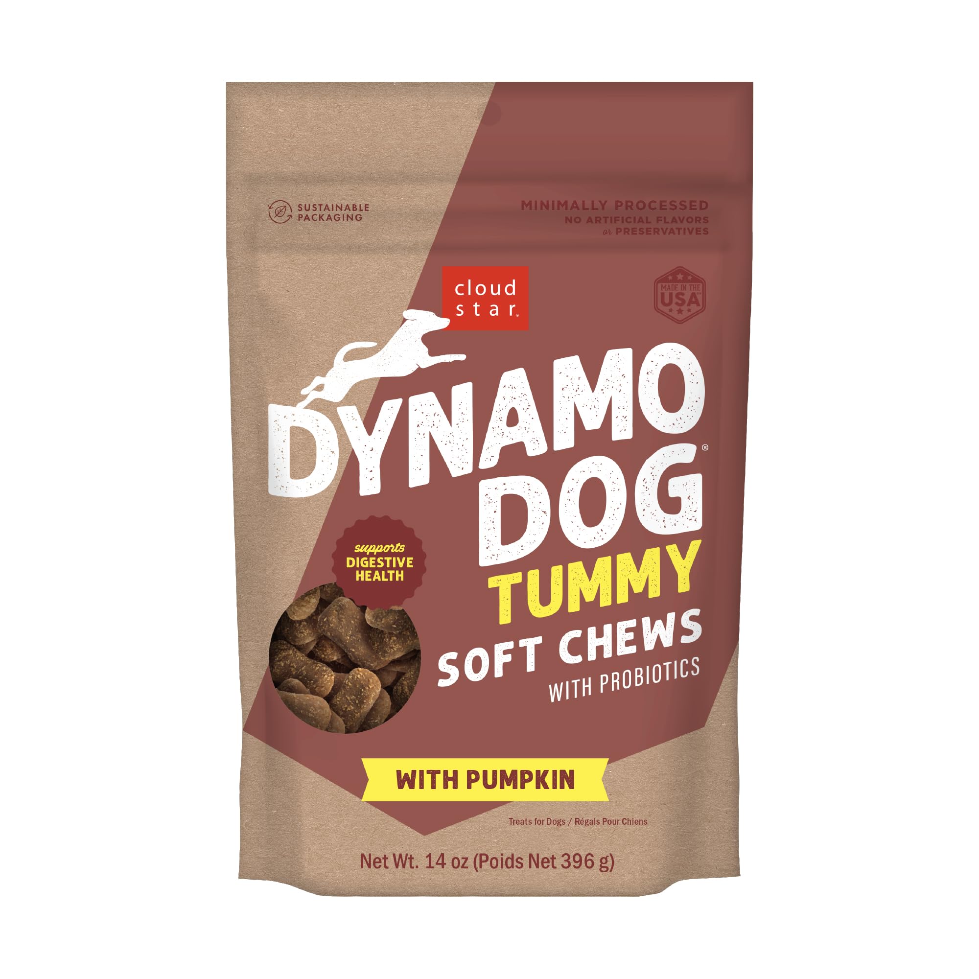 Cloud Star Dynamo Dog Tummy Chews packaging highlights pumpkin-ginger blend for digestion.