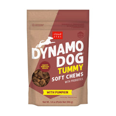 Cloud Star Dynamo Dog Tummy Chews packaging highlights pumpkin-ginger blend for digestion.