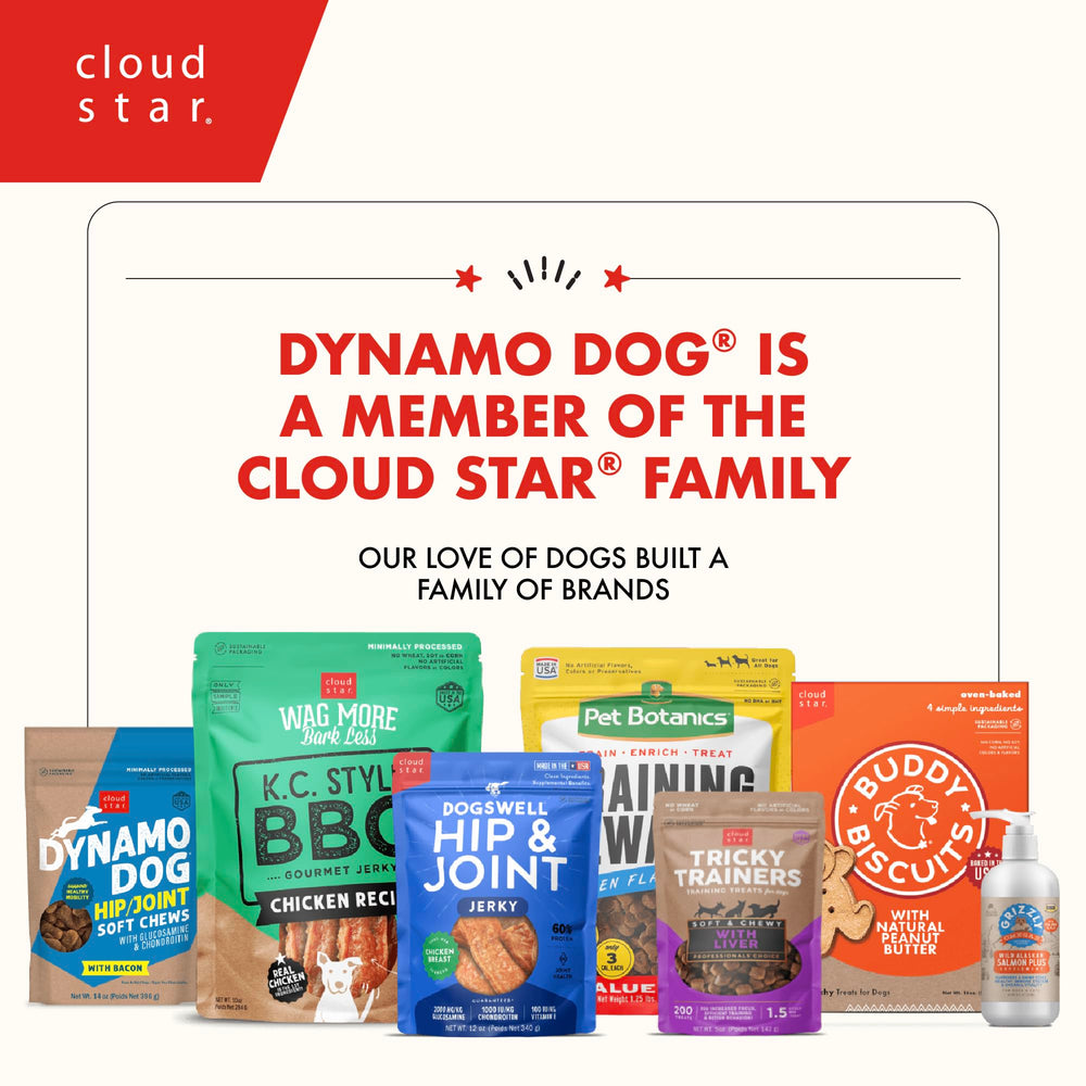 Cloud Star Dynamo Dog Tummy Chews 14 oz pouch showcased.
