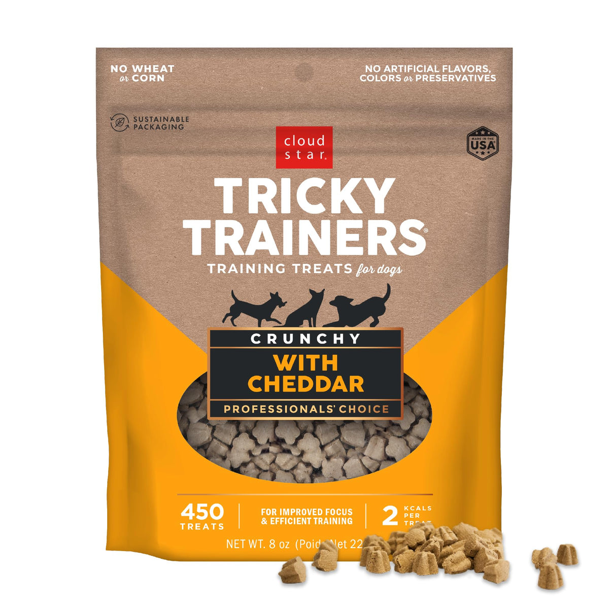 Cloud Star Tricky Trainers cheddar crunchy treats in bag for training.