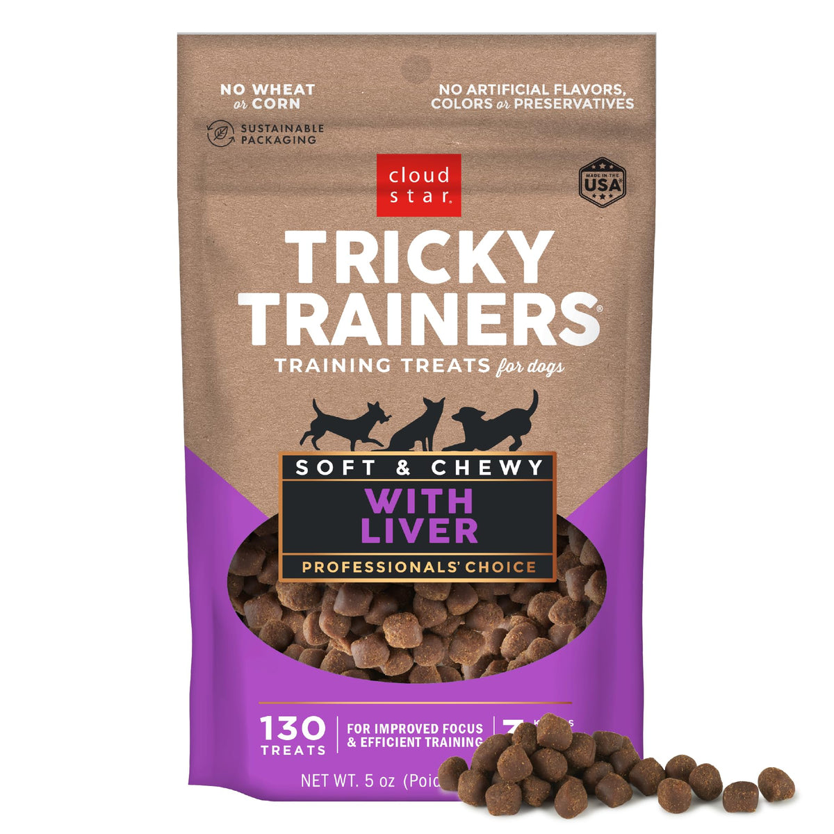 Cloud Star Tricky Trainers soft & chewy liver treats in 5 oz pouch for training rewards.