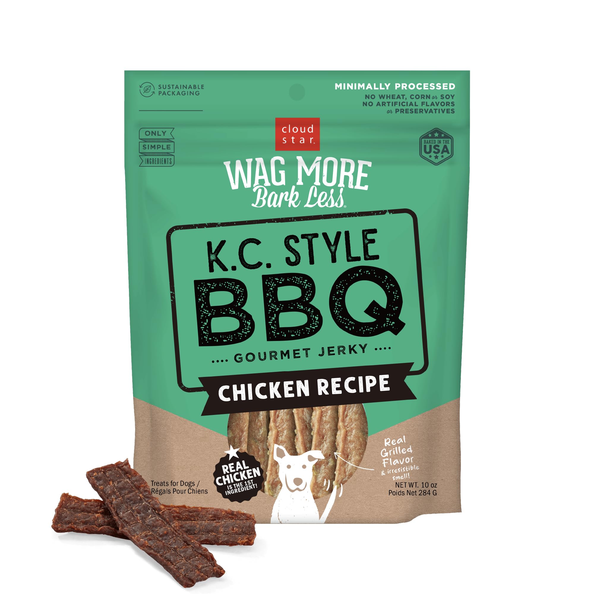 Cloud Star Wag More Bark Less jerky pack shot highlights KC BBQ chicken treats.