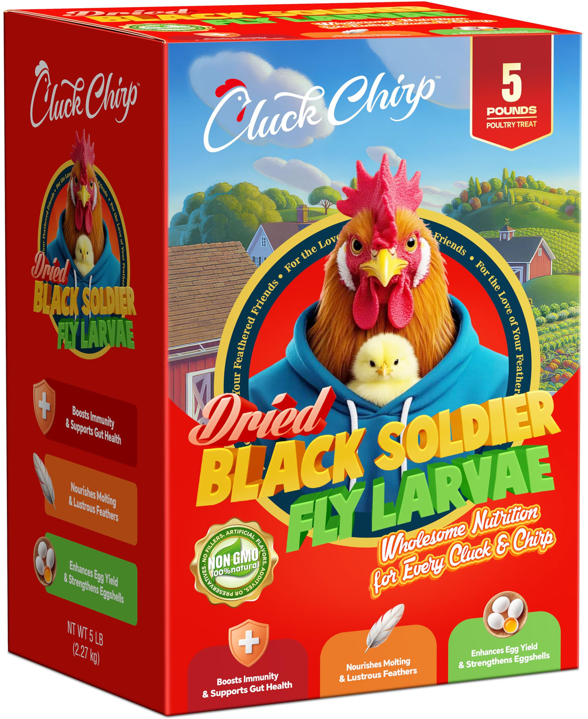 Cluck Chirp dried BSFL larvae pack, protein-rich poultry treat for backyard flocks.