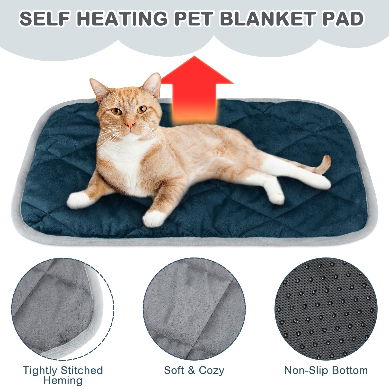 Clysee self-heating pet mat pictured in dog bed demonstrates safe, plug-free warmth.