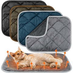Clysee self-heating pet mat with fluffy fabric on sofa enhances cozy warmth.