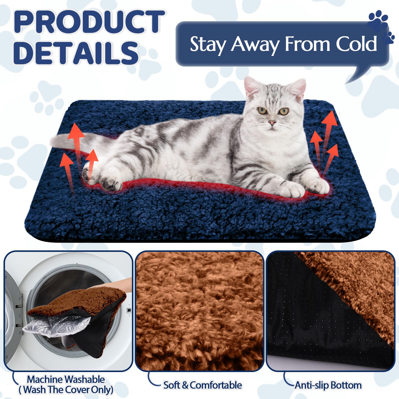 Clysee self-warming cat bed blue non-slip bottom stays in place.