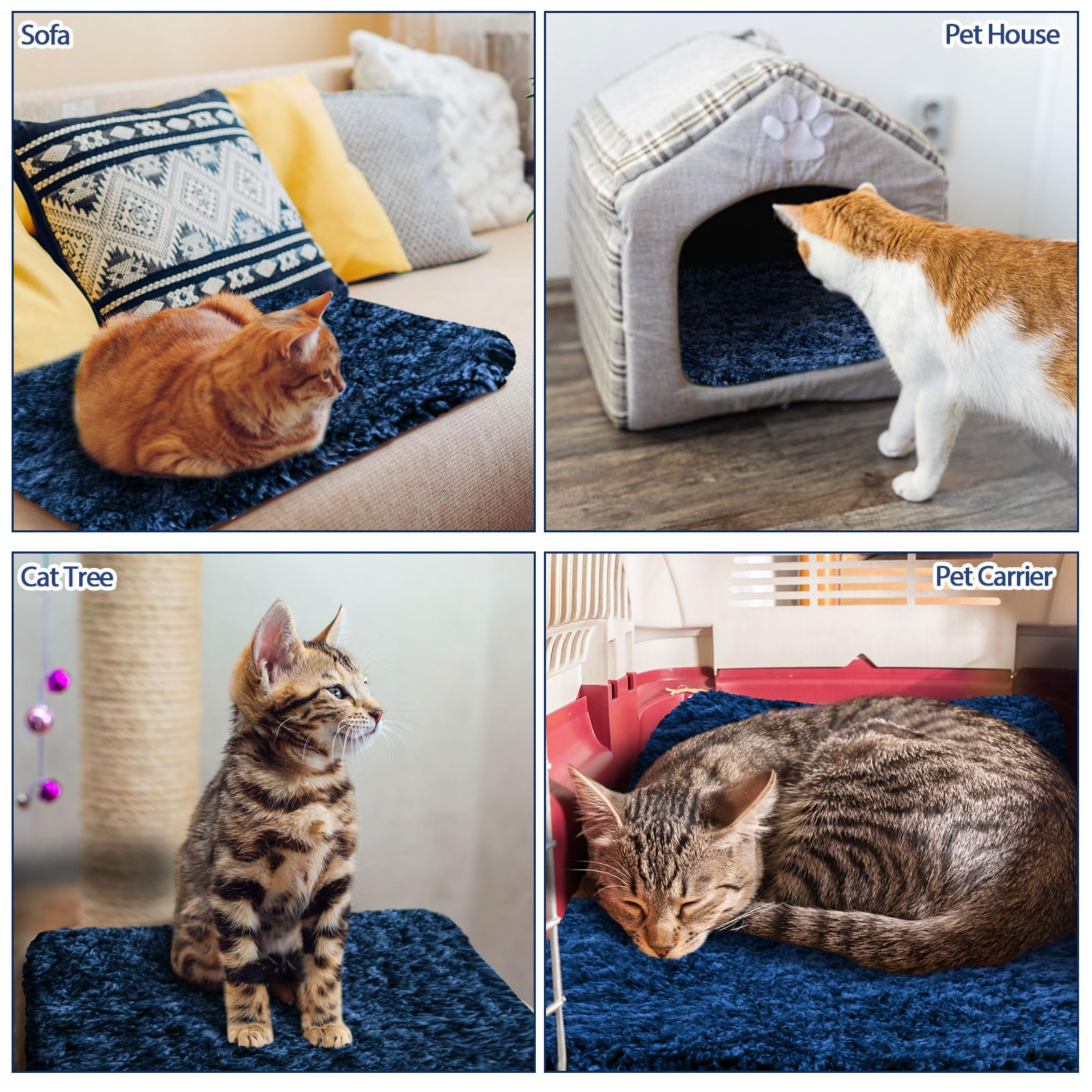 Clysee self-warming cat bed blue on sofa for lounging and comfort.