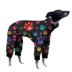 Cnkwei dog pajamas front view with paw print, keeping greyhounds warm