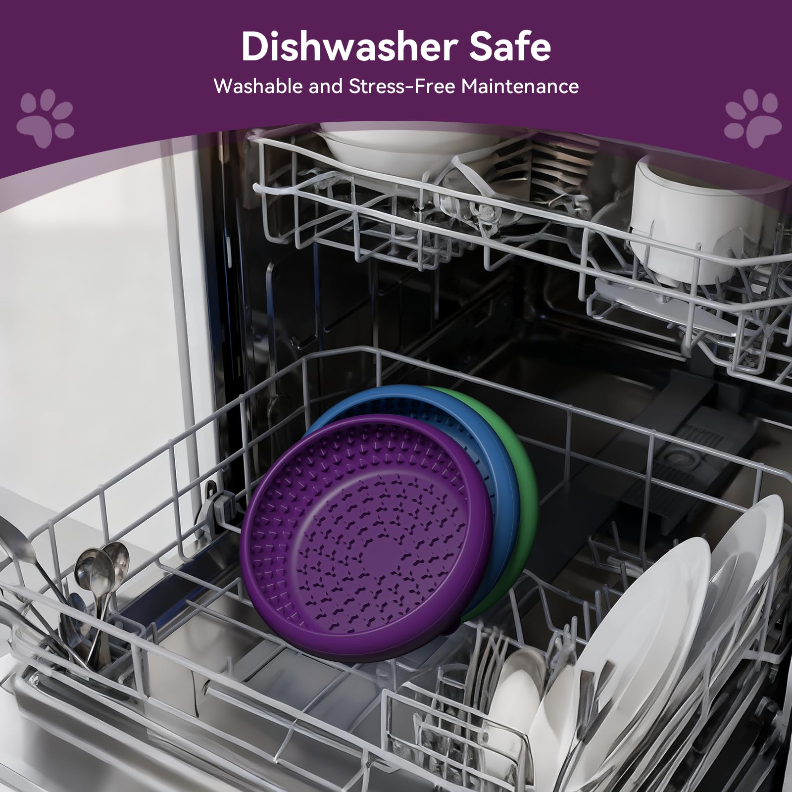 CNMSGM dog lick bowl purple textured surface encourages focused licking and mental engagement.