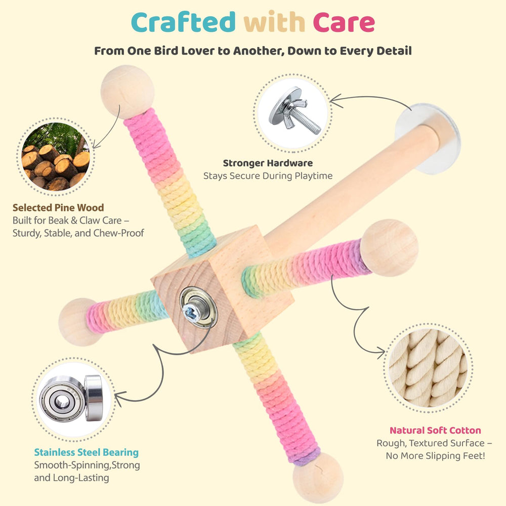 Coalinker spinning perch with cotton-wrapped wood highlights safe chewing.