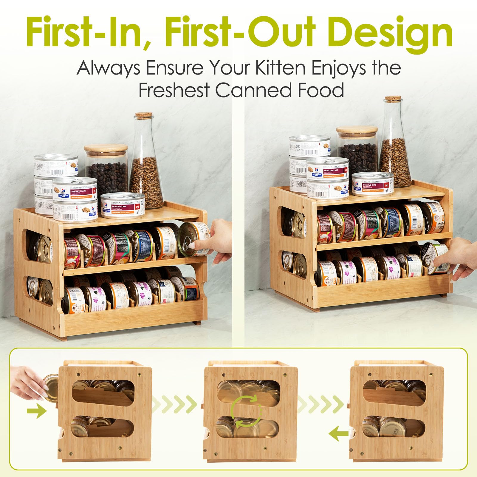 Coanto cat food can organizer FIFO system rotates cans for easy freshness.