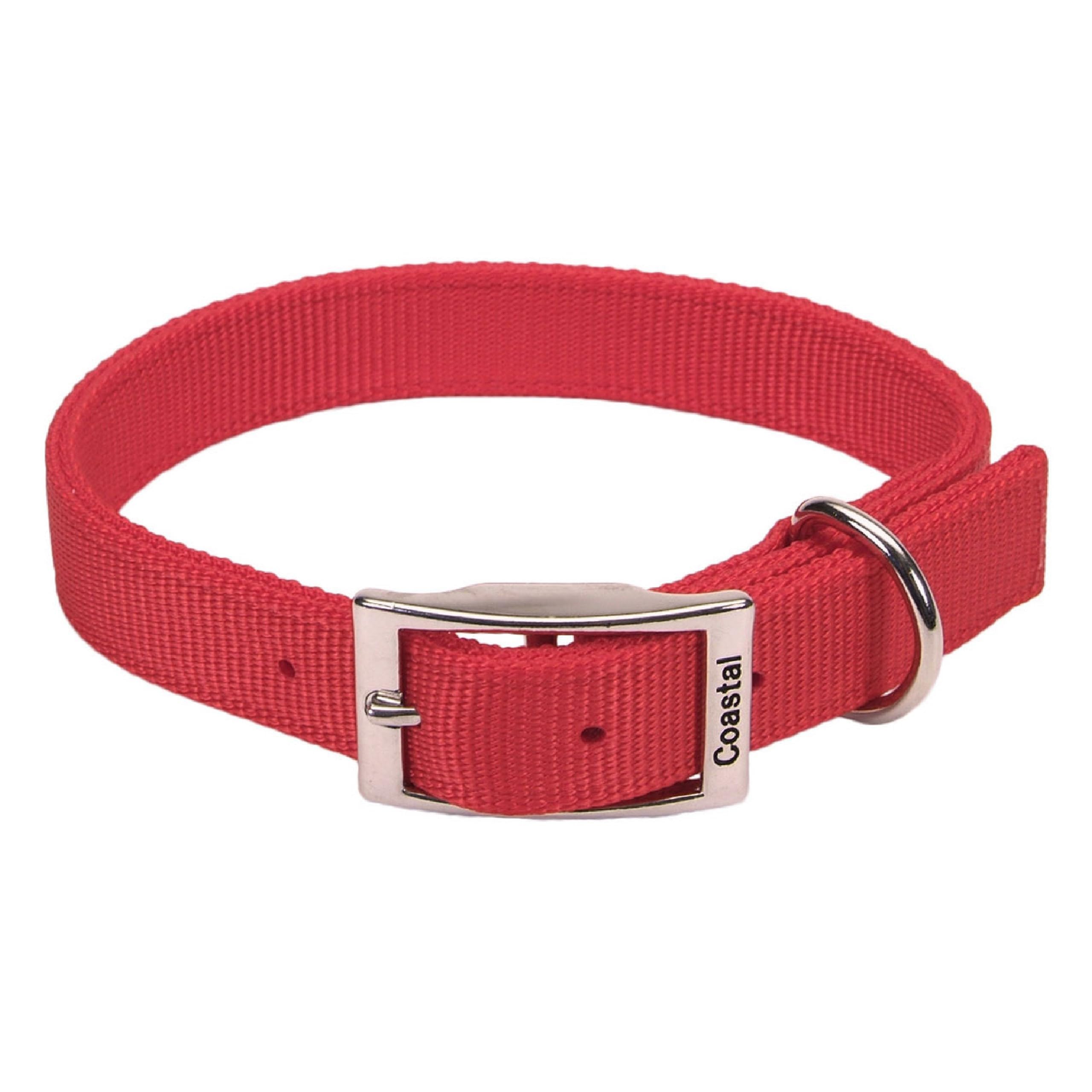 Coastal Double-Ply Dog Collar red buckle demonstrates strong, secure closure for large dogs.