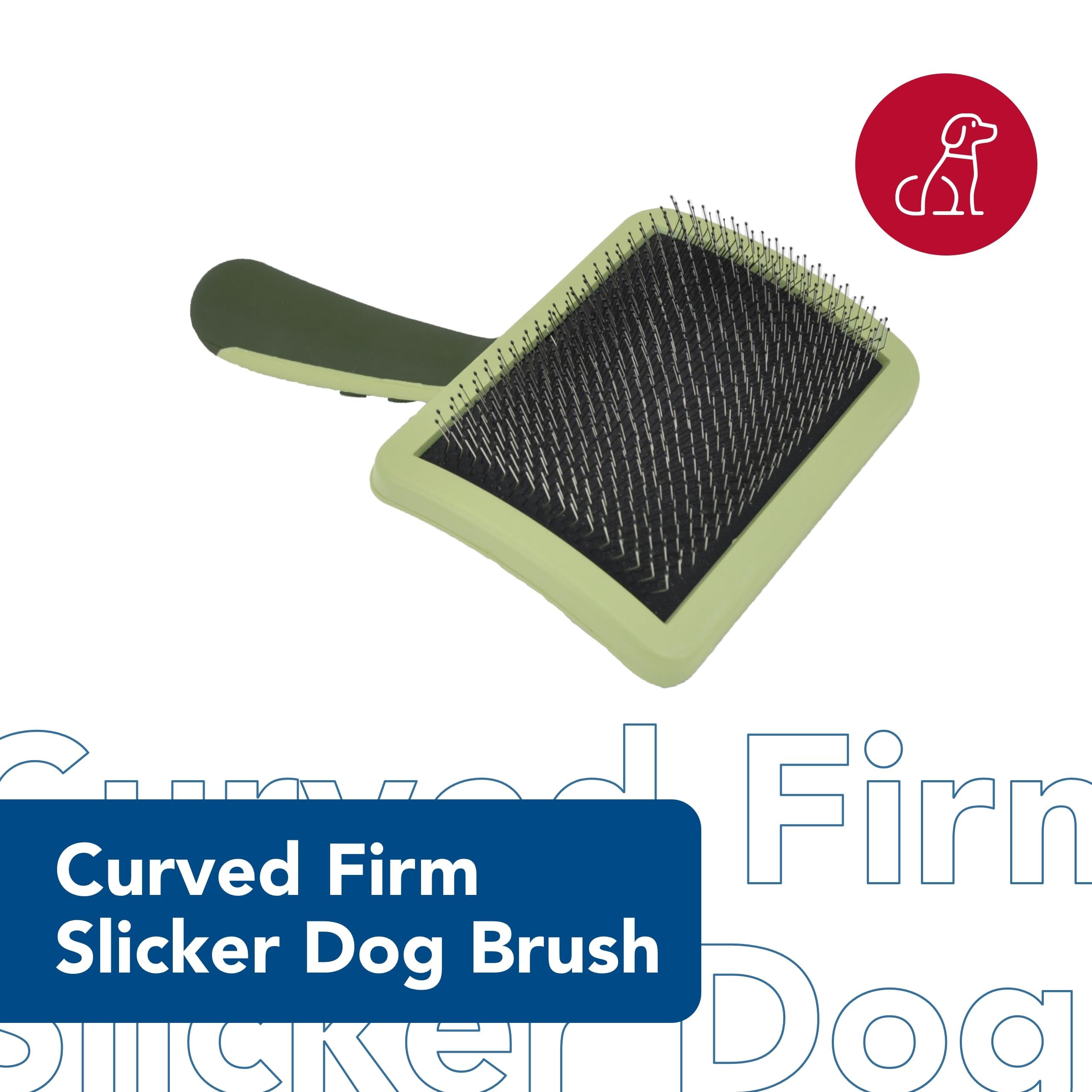 Coastal Pet Safari curved firm slicker brush in hand for quick grooming sessions
