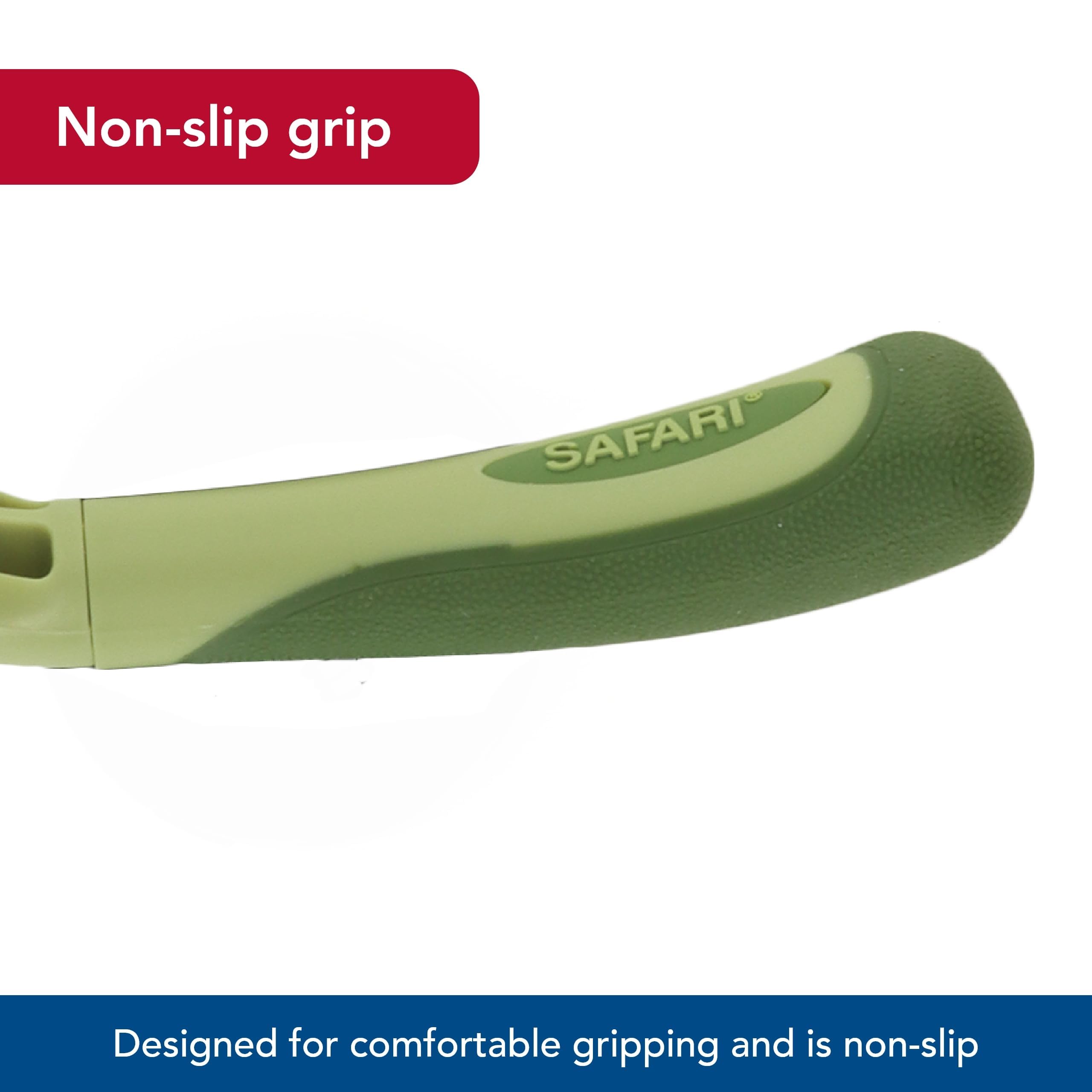 Coastal Pet Safari Undercoat Rake features a double row of pins for denser coats.