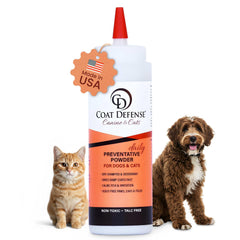 COAT DEFENSE daily powder bottle close-up for superior coat care and odor control.