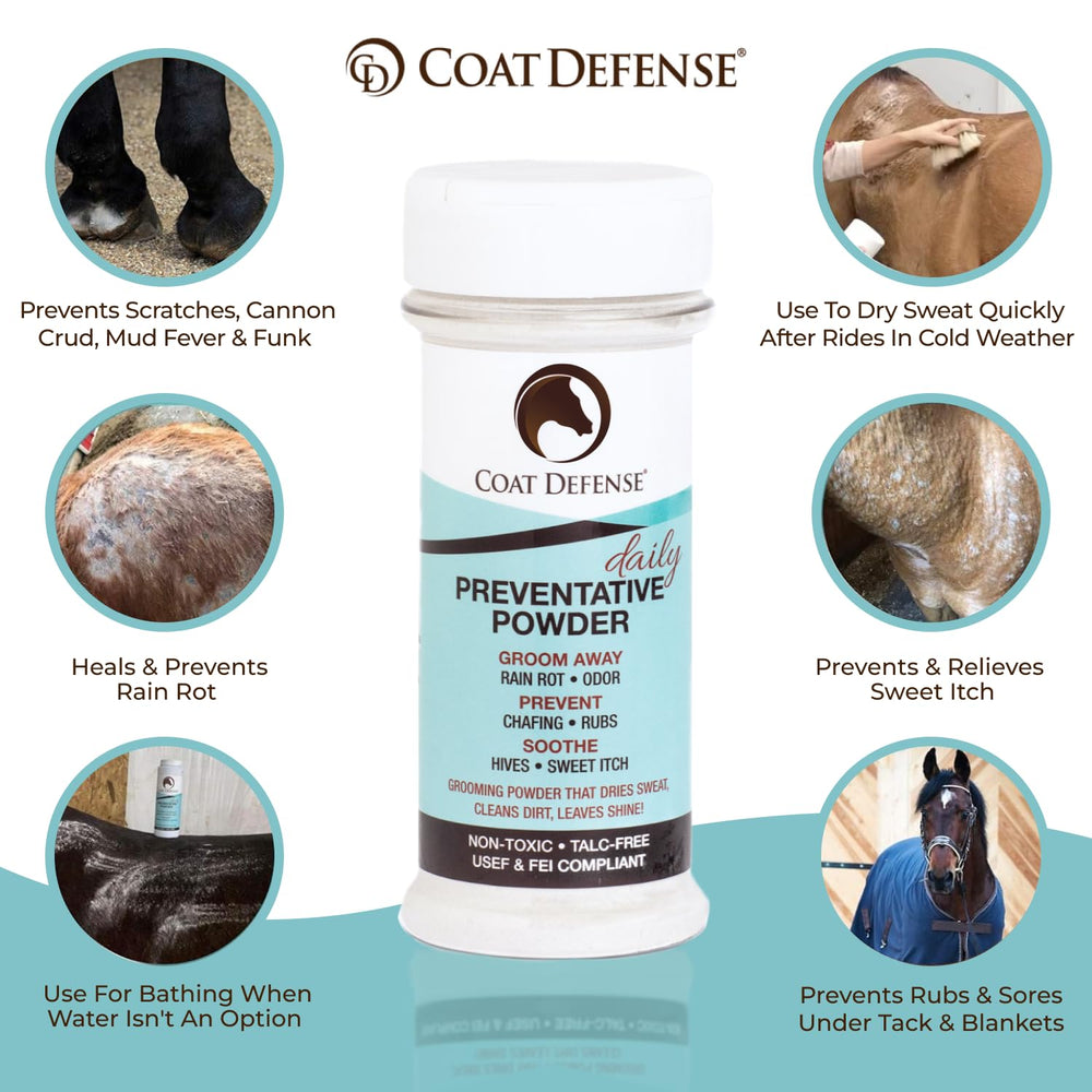 COAT DEFENSE powder applied to horse coat for a fresh, dry look.