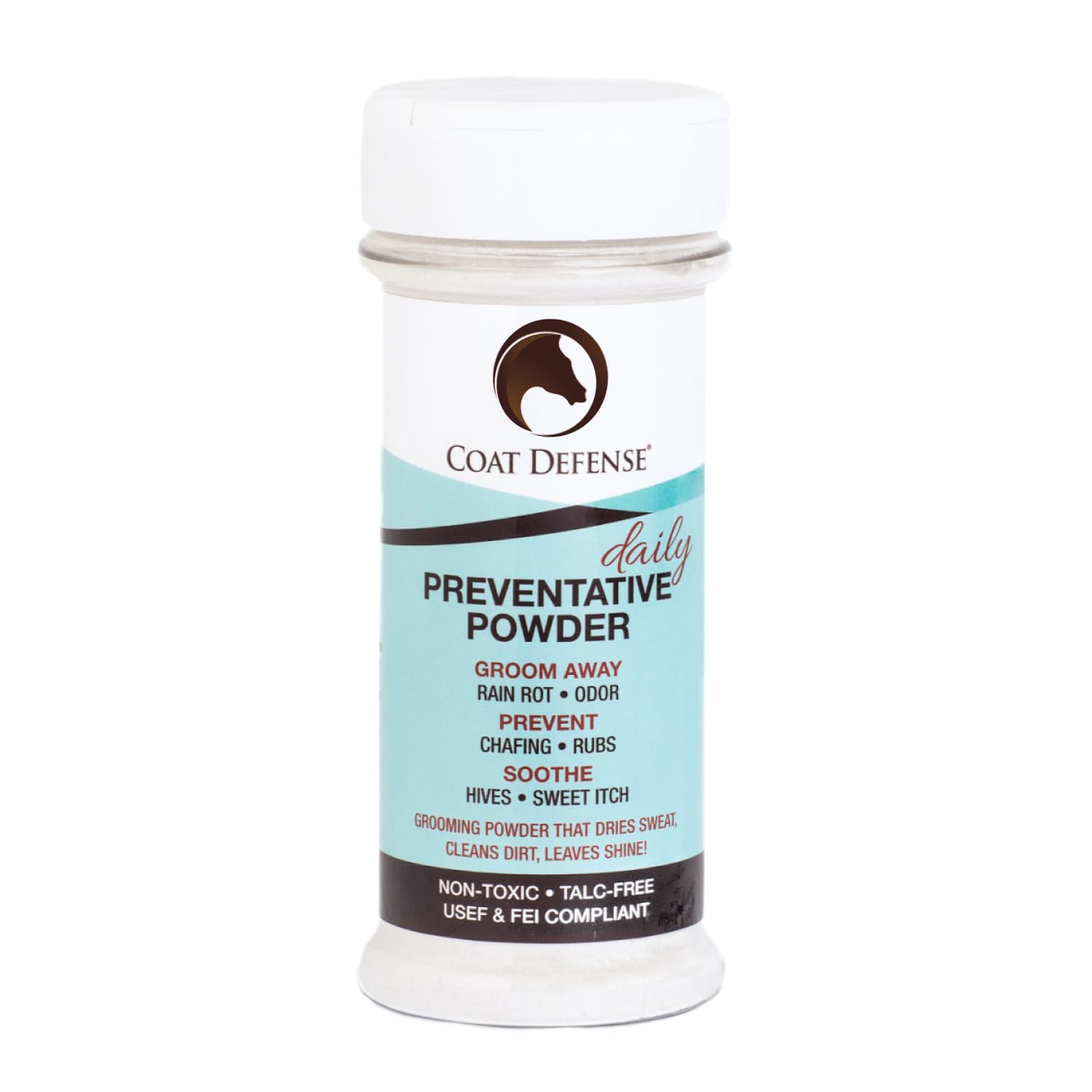 COAT DEFENSE Daily Preventative Powder packaging shows easy storage and usage.