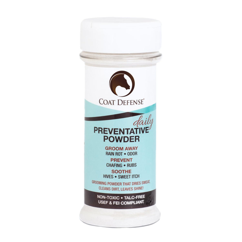 COAT DEFENSE Daily Preventative Powder packaging shows easy storage and usage.