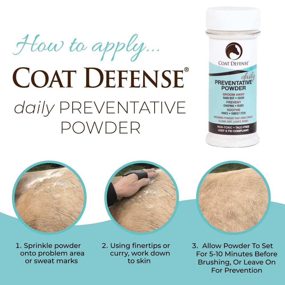 COAT DEFENSE powder placed under a saddle pad to prevent odor buildup.