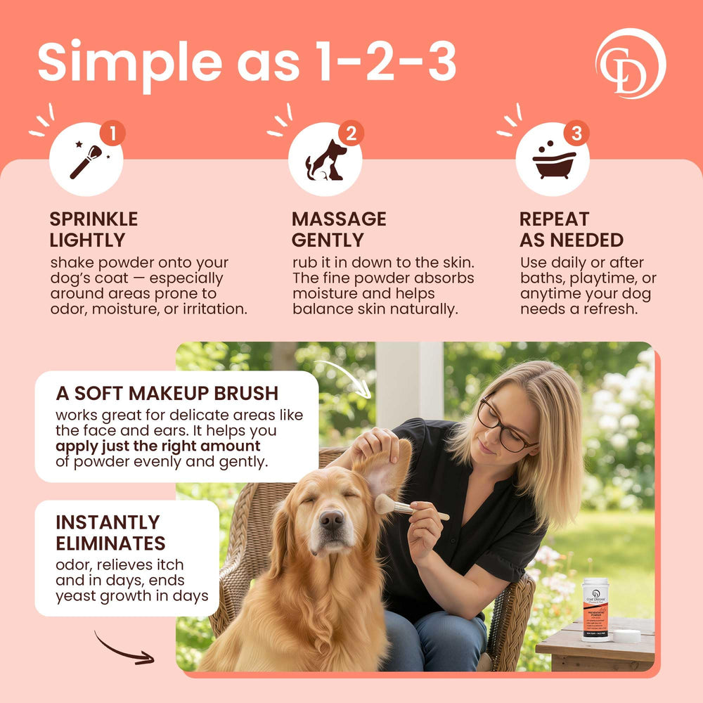COAT DEFENSE odor-control powder shown reducing pet odor during grooming.