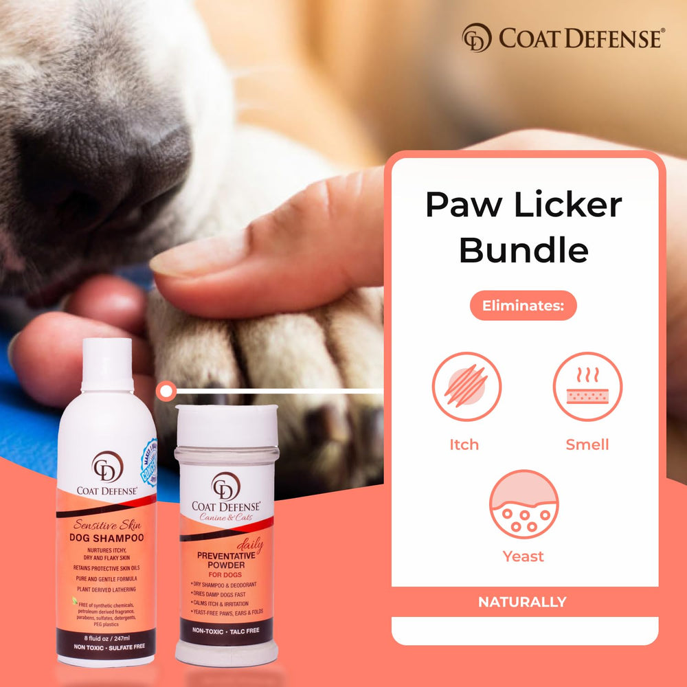 COAT DEFENSE Paw Licker Bundle powder-dusting demonstrates moisture absorption and odor reduction