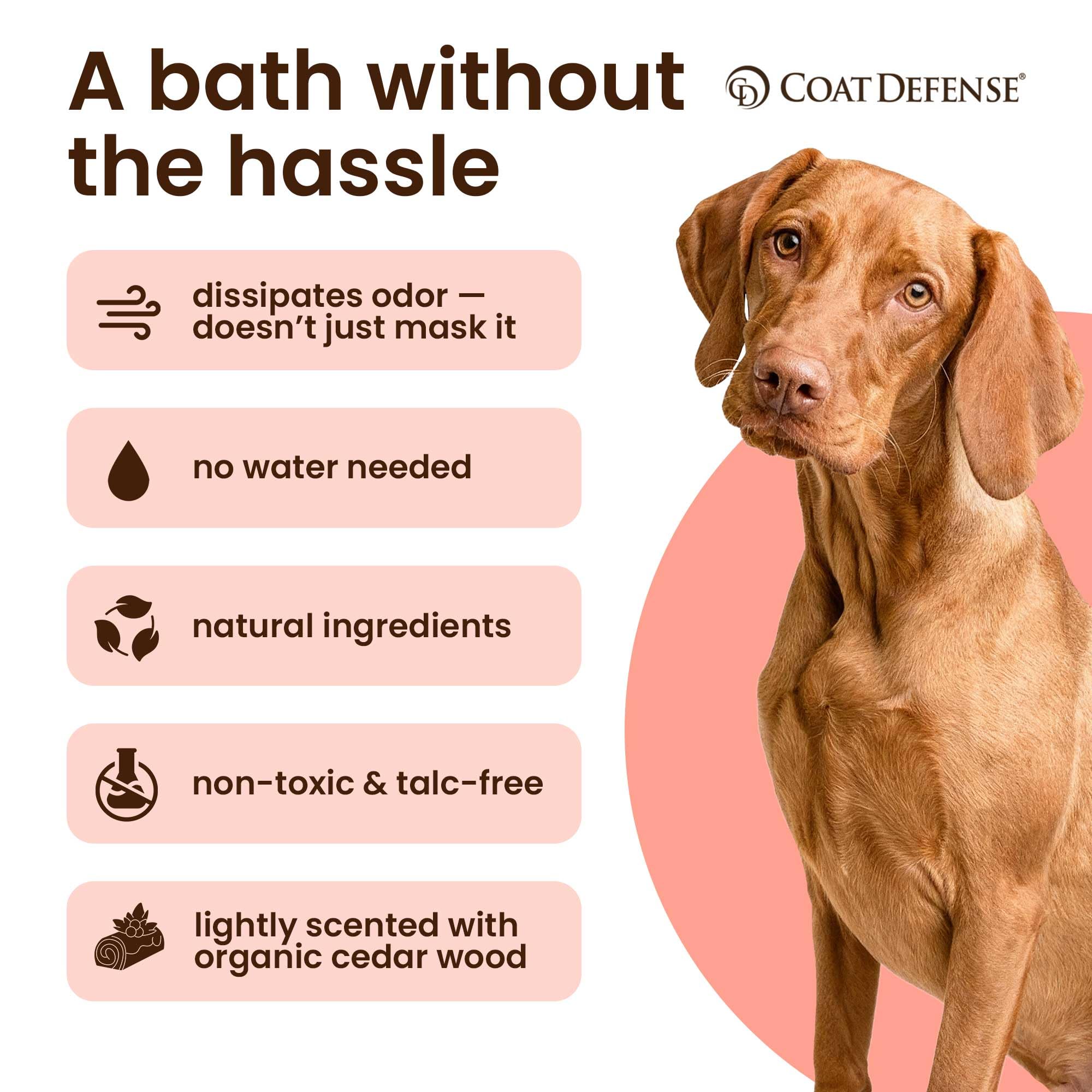 COAT DEFENSE precision-point bottle applying powder to a pet's coat for targeted care.