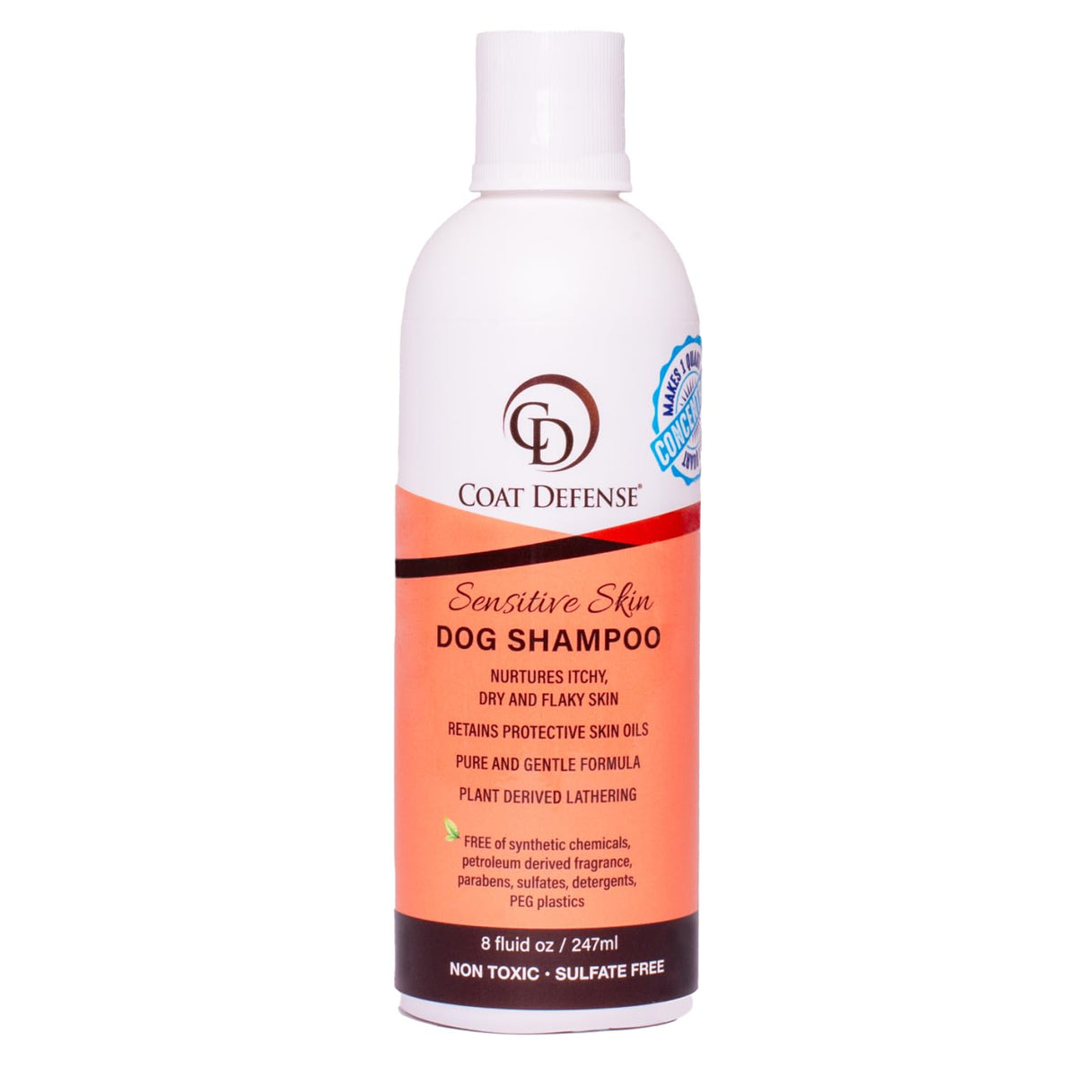 COAT DEFENSE Sensitive Dogs Shampoo bottle featuring a plant-based formula that soothes dry skin.